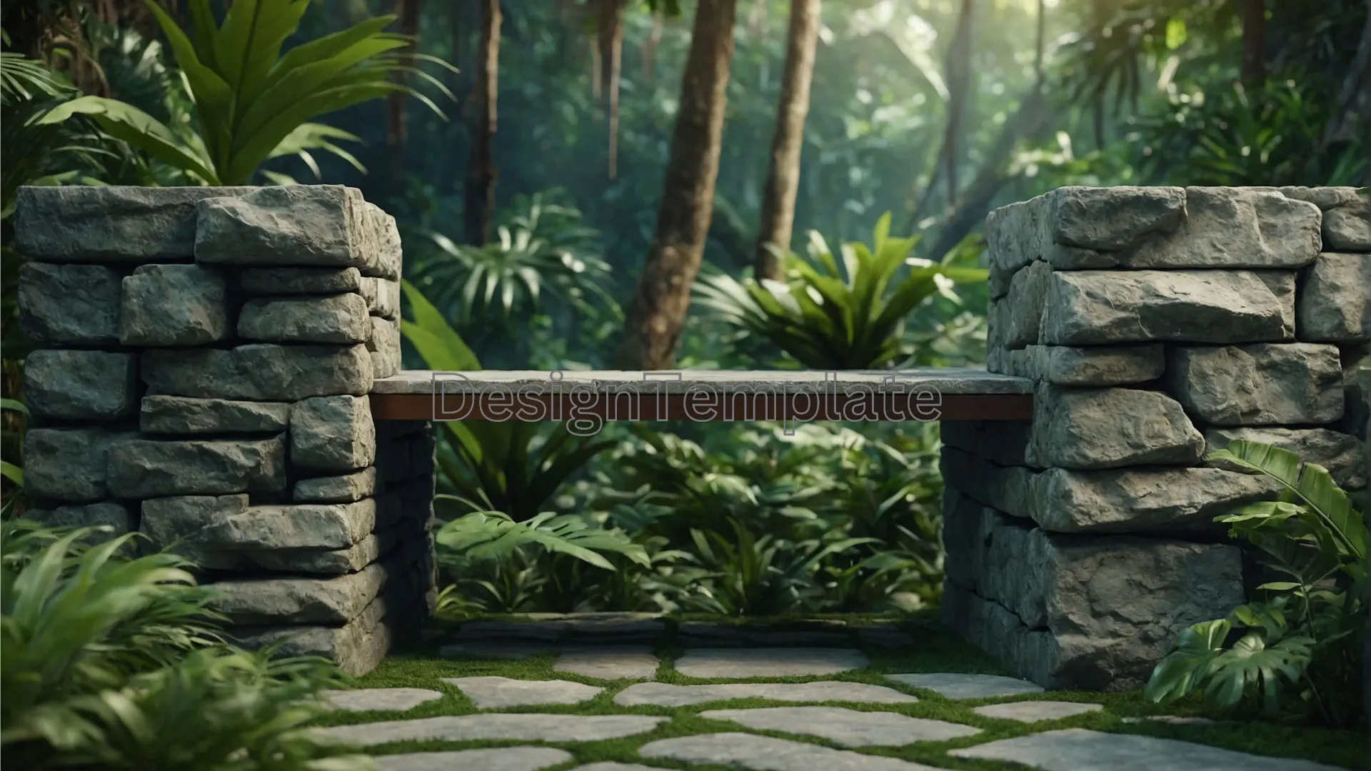 Tropical Podium Stone and Leaf Scene PNG